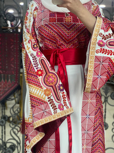 Very Elegant Wide Sleeves White and Red Embroidered Thob with Golden and Malak Details and Head Scarf