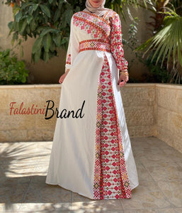 Elegant White and Multicolored Shoulder Details Embroidered Dress