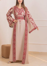 Rawnaq Beige With Red Dress and Abaya Set with Palestinian Embroidery