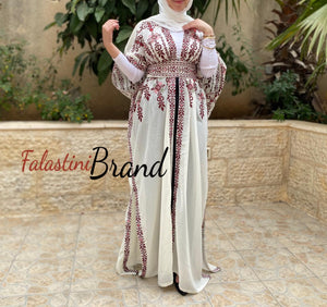 White & Red Embroidered Open Abaya/Bisht