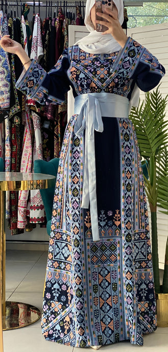 Full of Details Palestinian Embroidered Navy Thobe Dress with Baby Blue Satin Belt