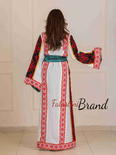 Unique Golden Lines White And Red Palestinian Embroidered Thobe with Tasseled Satin Belt