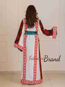 Unique Golden Lines White And Red Palestinian Embroidered Thobe with Tasseled Satin Belt