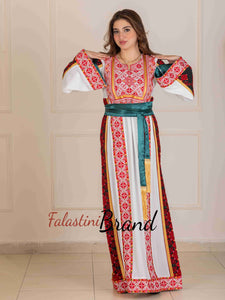 Unique Golden Lines White And Red Palestinian Embroidered Thobe with Tasseled Satin Belt