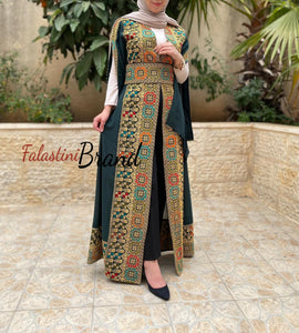 Green Georgette Embroidered Open Abaya Kaftan Maxi Dress Long Split Sleeve