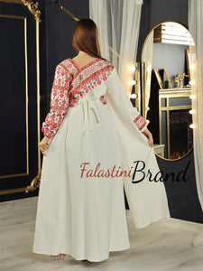 Elegant White and Red Shoulder Details Embroidered Dress