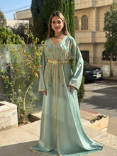 Elegant Handmade Belted Light Green Satin Caftan