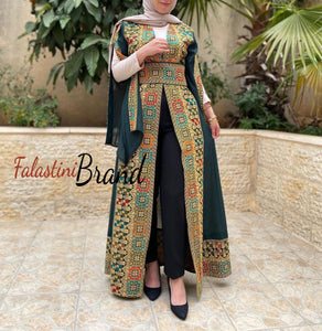 Green Georgette Embroidered Open Abaya Kaftan Maxi Dress Long Split Sleeve