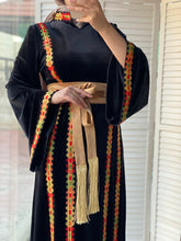 Black Velvet Elegance Stripes Embroidered Dress with Satin Belt