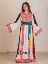 Unique Golden Lines White And Red Palestinian Embroidered Thobe with Tasseled Satin Belt