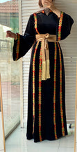 Black Velvet Elegance Stripes Embroidered Dress with Satin Belt