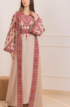Rawnaq Beige With Red Dress and Abaya Set with Palestinian Embroidery