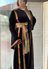 Black Velvet Elegance Stripes Embroidered Dress with Satin Belt