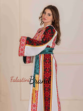 Unique Golden Lines White And Red Palestinian Embroidered Thobe with Tasseled Satin Belt