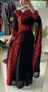 Elegant Black and Red Shoulder Details Embroidered Dress with colorful flowers