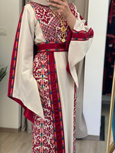 Rahaf Most Elegant Beige and Red Embroidered Thob with Satin and Manajil Details