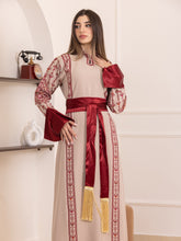 Karmel Beige Embroidered Thob Dress with Satin Sleeves Details