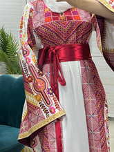 Very Elegant Wide Sleeves White and Red Embroidered Thob with Golden and Malak Details and Head Scarf