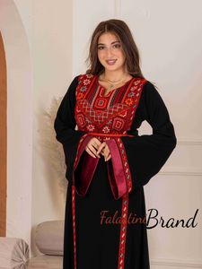 Simple and Elegant Black and Red Embroidery Thob with Satin Cuffs Details