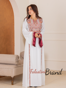 Simple and Elegant White and Red Embroidery Thob with Satin Cuffs Details