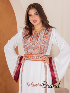 Simple and Elegant White and Red Embroidery Thob with Satin Cuffs Details