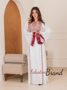 Simple and Elegant White and Red Embroidery Thob with Satin Cuffs Details