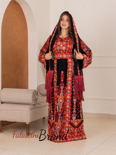 Full of Details Black and Red Thob with Malak Like Details and Unique Head Scarf