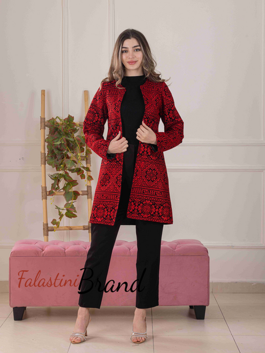 Long Red And Black Embroidered Jacket
