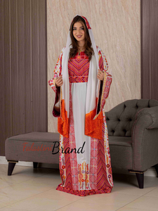 Very Elegant Wide Sleeves White and Red Embroidered Thob with Golden and Malak Details and Head Scarf