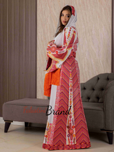 Very Elegant Wide Sleeves White and Red Embroidered Thob with Golden and Malak Details and Head Scarf
