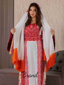 Very Elegant Wide Sleeves White and Red Embroidered Thob with Golden and Malak Details and Head Scarf