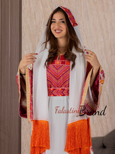 Very Elegant Wide Sleeves White and Red Embroidered Thob with Golden and Malak Details and Head Scarf