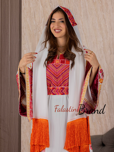 Very Elegant Wide Sleeves White and Red Embroidered Thob with Golden and Malak Details and Head Scarf