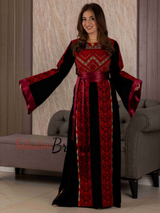 Black And Red Palestinian Embroidered Thobe with Manajil and Satin Cuffs Details