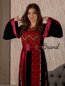 Black And Red Palestinian Embroidered Thobe with Manajil and Satin Cuffs Details