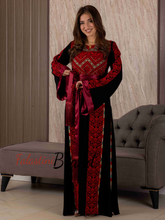 Black And Red Palestinian Embroidered Thobe with Manajil and Satin Cuffs Details