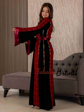 Black And Red Palestinian Embroidered Thobe with Manajil and Satin Cuffs Details