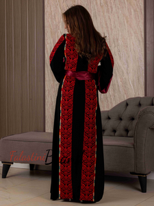 Black And Red Palestinian Embroidered Thobe with Manajil and Satin Cuffs Details