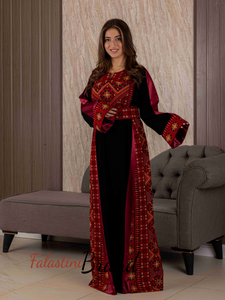 Classy Black and Red Satin Details Palestinian Embroidered Thob