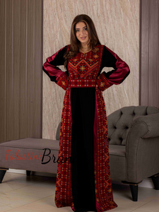 Classy Black and Red Satin Details Palestinian Embroidered Thob