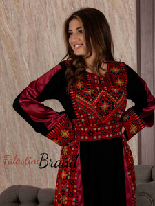 Classy Black and Red Satin Details Palestinian Embroidered Thob