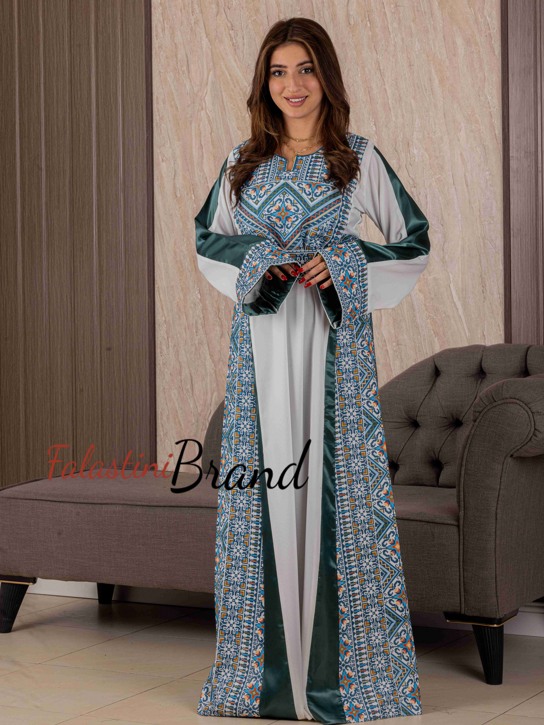 Classy White and Turquoise Satin Details Palestinian Embroidered Thob