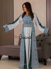 Classy White and Turquoise Satin Details Palestinian Embroidered Thob