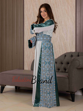 Classy White and Turquoise Satin Details Palestinian Embroidered Thob