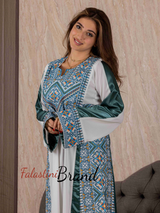 Classy White and Turquoise Satin Details Palestinian Embroidered Thob