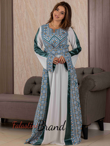 Classy White and Turquoise Satin Details Palestinian Embroidered Thob