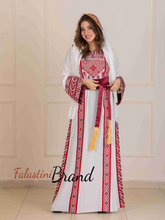 Charming Palestinian White And Red Thobe Dress with Head Scarf