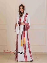 Charming Palestinian White And Red Thobe Dress with Head Scarf