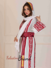 Charming Palestinian White And Red Thobe Dress with Head Scarf