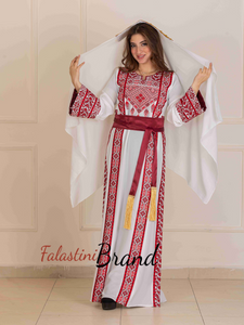 Charming Palestinian White And Red Thobe Dress with Head Scarf